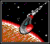The damaged ship trailing smoke as it heads down toward the planet